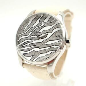 Guess Glitter Zebra Jumbo 44mm Silver Tone Watch White Leather w New Battery Guess Glitter Zebra Jumbo 44mm Silver Tone Watch White  main image 2